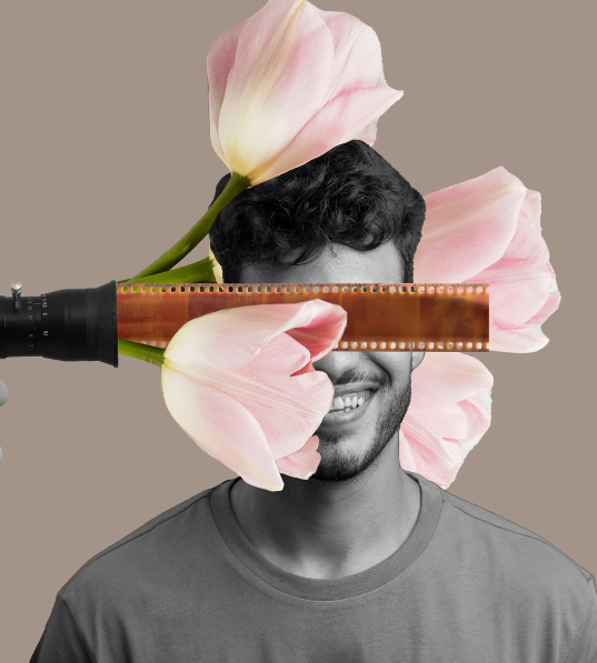 A smiling picture of a man is edited with colorful flowers, representing cultural video services.