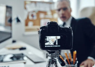 A lady speaking to the camera which was recorded by an advertisement agency with a camera team